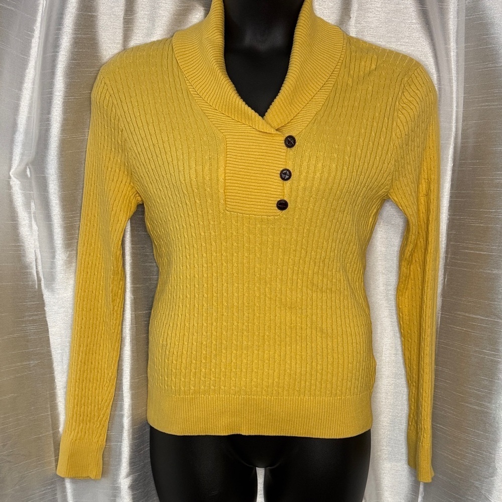 Jeanne Pierre Sweater Ribbed Micro CableKnit Gold Fitted V Neck Women’s L
